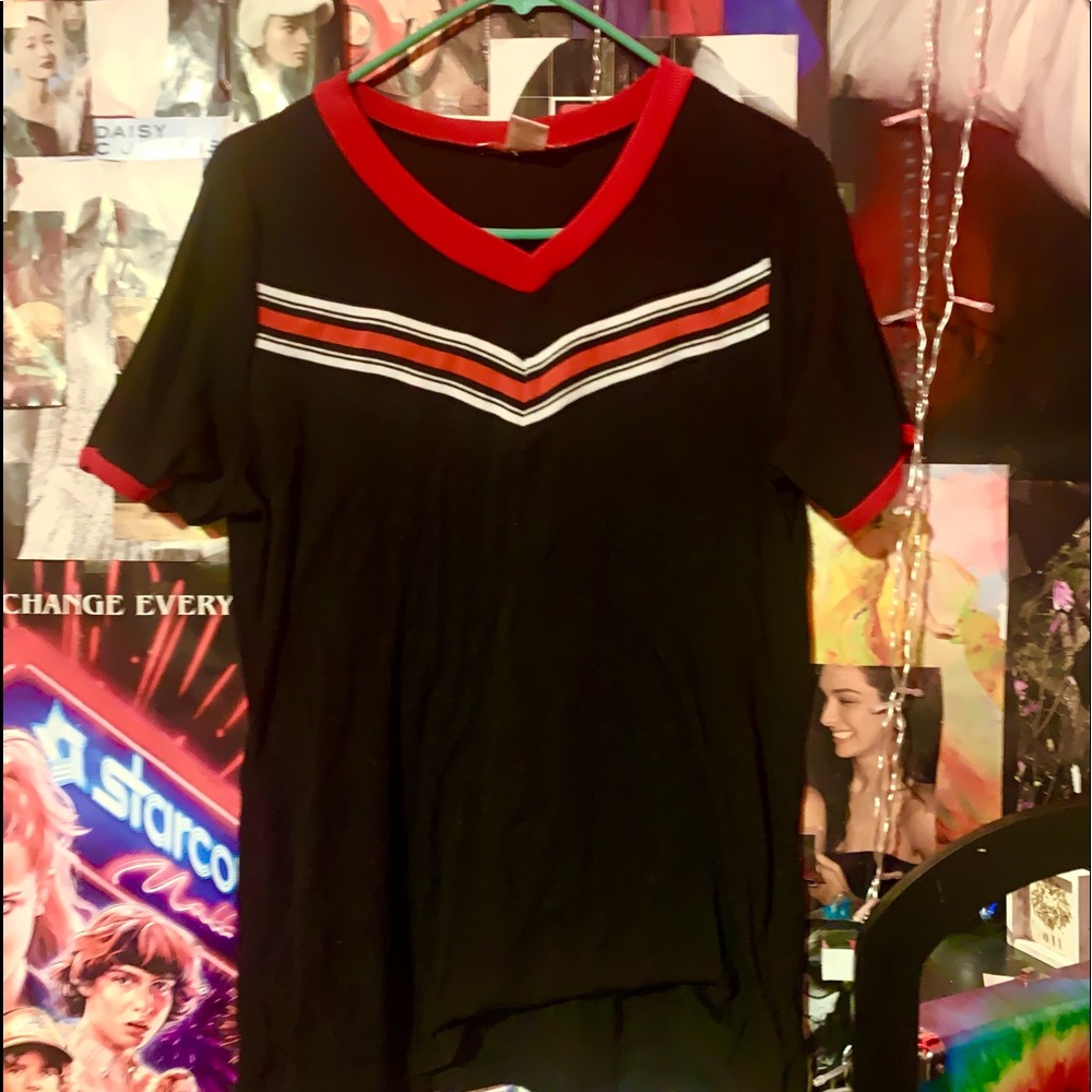 Red black and white slim fitting , varsity like t shirt , size 1x but  stretchy